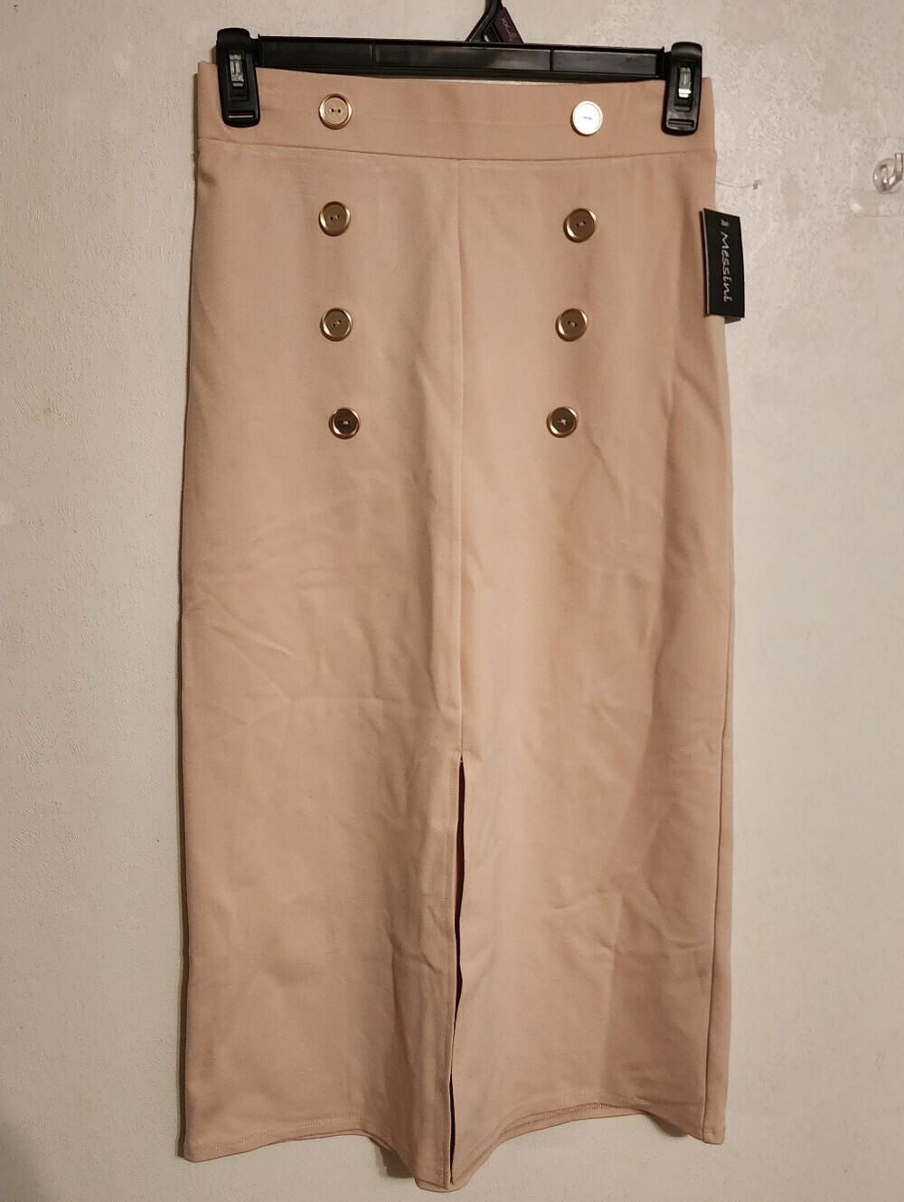 Messini High-Waisted Midi Skirt Front Slit Button Detail Beige Size S NWT (Spot)